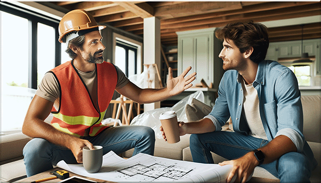 The contractor is talking with the home owner