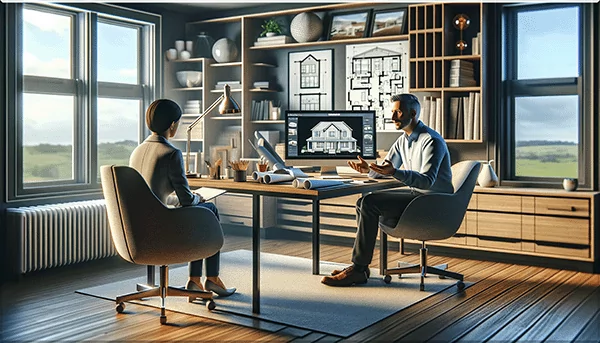 A contractor talking with a home owner about the plans